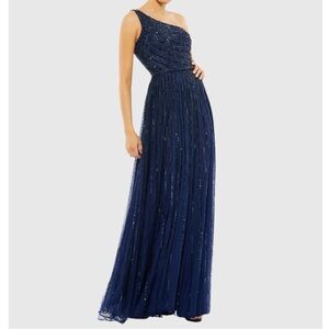Mac Duggal Elegant Navy Blue sequined One-Shoulder Evening Gown NWT